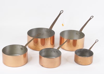 Lot 120 - A graduated set of five copper saucepans, each...