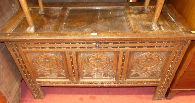 Lot 1176 - An 18th century joined oak and later relief...