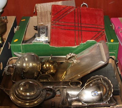 Lot 241 - Two boxes of miscellaneous metalware to...