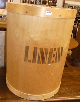 Lot 1210 - A plywood cylindrical linen box and cover, h.61cm