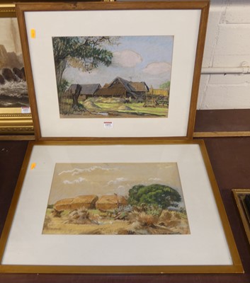 Lot 1055 - Adrian Hill - Farm buildings, pastel, 27x36cm,...