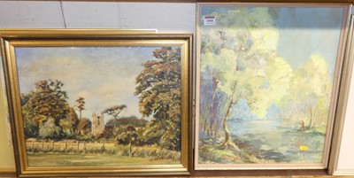 Lot 1060 - W Walker - Landscape with church, oil on card,...