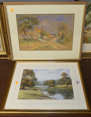 Lot 1070 - T Leighton - River landscape pastel, signed...