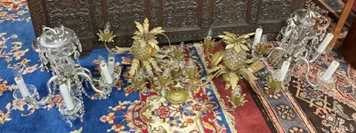 Lot 1281 - A pair of crystal glass five light hanging...