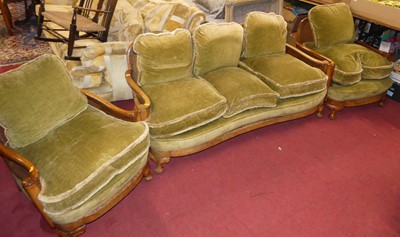 Lot 1290 - A 1930s walnut and cane inset three-piece...