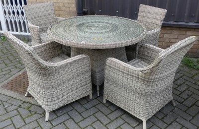 Lot 1369 - A contemporary wicker patio suite, comprising;...