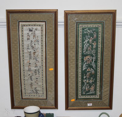 Lot 690 - A near pair of Japanese silk panels, each...