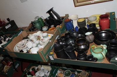 Lot 696 - Five boxes of ceramics to include green glazed...