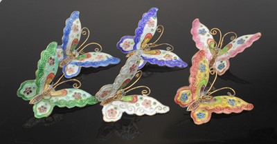 Lot 484 - A set of six gilt metal and enamel butterfly,...