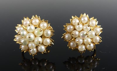 Lot 2590 - A pair of yellow metal pearl circular cluster...