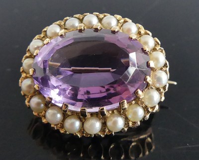 Lot 2582 - A 9ct yellow gold, amethyst and pearl oval...