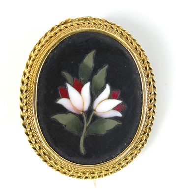 Lot 451 - A yellow metal oval pietra dura brooch...