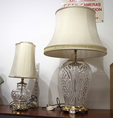 Lot 89 - A brass mounted cut glass table lamp of high...