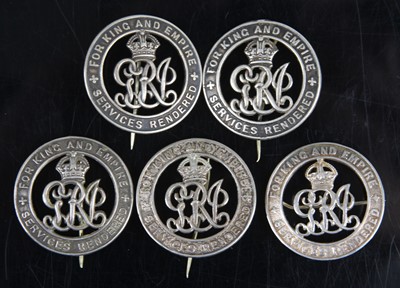 Lot 51 - A collection of five WW I Silver War badges,...