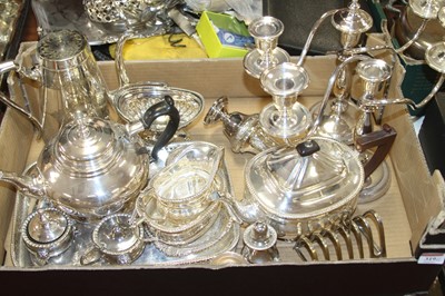 Lot 319 - Two boxes of assorted silver plated wares, to...