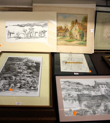 Lot 1050 - Ernest Potter - Thatched cottages in summer,...