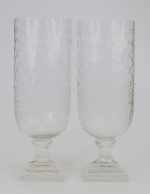 Lot 13 - A pair of cut glass hurricane lamps, h.40cm