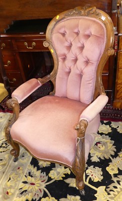 Lot 1334 - A mid-Victorian walnut framed and pink dralon...