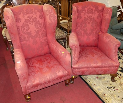 Lot 1345 - Two similar red floral fabric upholstered...
