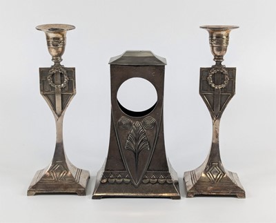 Lot 135 - A WMF Jugendstil polished pewter mantel clock...
