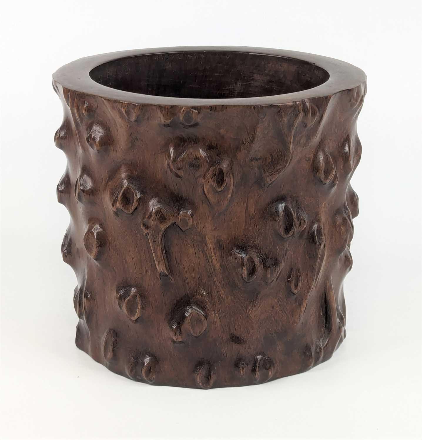 Lot 1424 - A Chinese huanghuali wood brush pot, carved in...