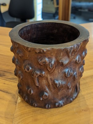 Lot 1424 - A Chinese huanghuali wood brush pot, carved in...