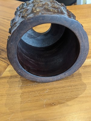 Lot 1424 - A Chinese huanghuali wood brush pot, carved in...