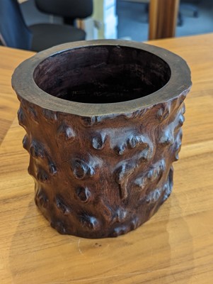 Lot 1424 - A Chinese huanghuali wood brush pot, carved in...