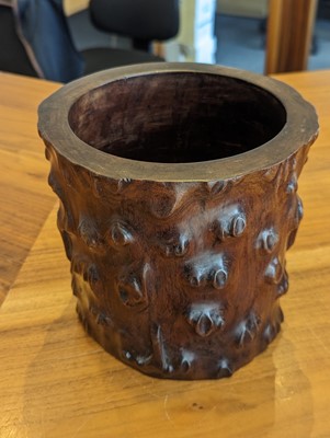 Lot 1424 - A Chinese huanghuali wood brush pot, carved in...