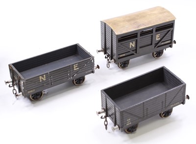 Lot 273 - Three Gauge 1 wooden goods wagons NE: 8-plank...