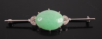 Lot 2419 - A white metal, jade and diamond knife-edge bar...