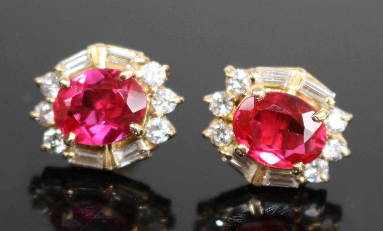 Lot 2582 - A pair of yellow metal synthetic ruby and...