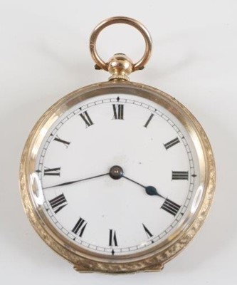 Lot 2559 - A 9ct yellow gold open face keywind fob watch,...