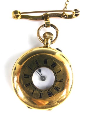 Lot 297 - An 18ct gold keyless half hunter fob watch,...