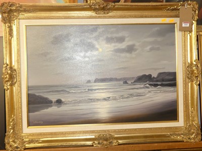 Lot 1041 - A Beardsley - Beach scene at moonlight, oil on...