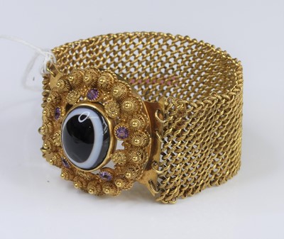 Lot 318 - A gilt metal banded agate and amethyst set...