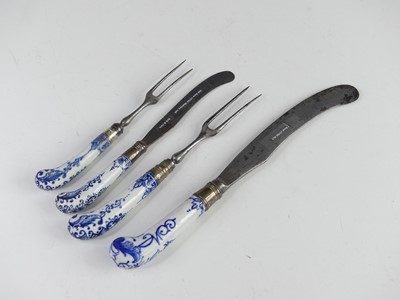 Lot 2082 - Four Bow blue and white porcelain handled...