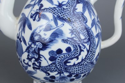 Lot 2 - A Chinese blue and white “dragon” ewer, Qing...