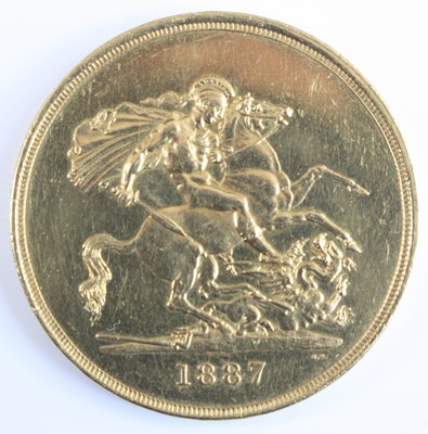 Lot 2303 - Great Britain, 1887 gold five pound coin,...