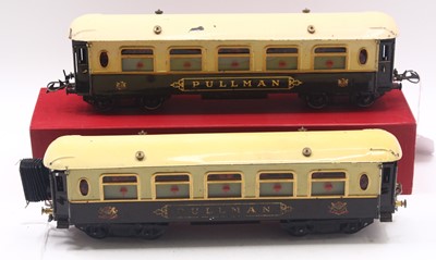Lot 156 - Two No.2 Hornby 0-gauge Pullman coaches, brown...
