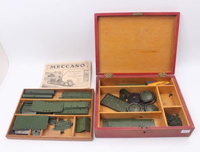 Lot 710 - Meccano wooden lift up storage box containing...