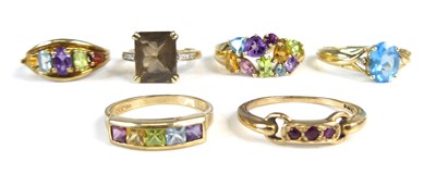 Lot 2707 - Six various modern 9ct gold semi-precious set...
