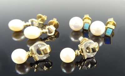 Lot 2683 - A pair of 18ct gold cultured pearl and blue...