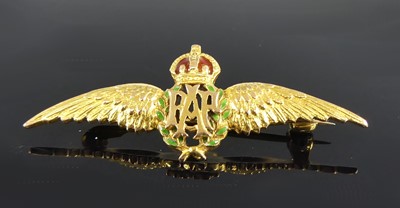 Lot 2732 - A 9ct gold RAF wings brooch, with enamel set...