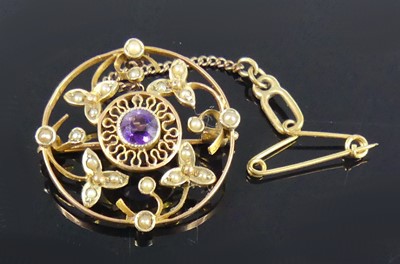 Lot 2719 - A yellow metal amethyst and seed pearl...