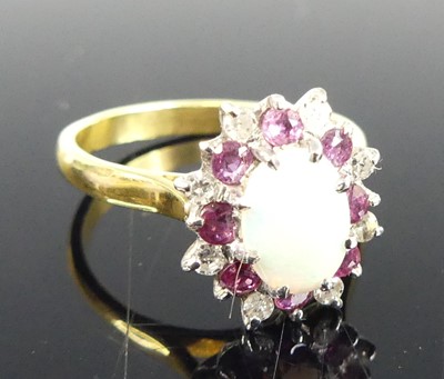 Lot 2805 - An 18ct gold opal, ruby and diamond flower...