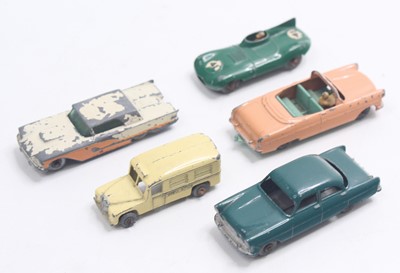 Lot 1560 - Five Lesney cars to include a Jaguar D type,...