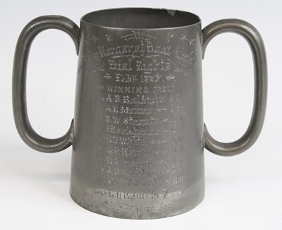 Lot 842 - A Victorian pewter twin handled trophy tankard...