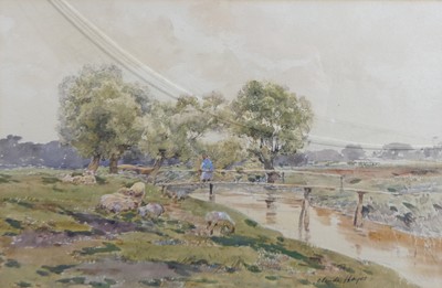 Lot 1290 - Claude Hayes (1852-1922) - Sheep on a...