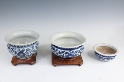 Lot 2184 - Three Chinese blue and white porcelain censers,...